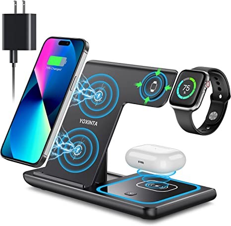 Wireless Charger, 3 in 1 Wireless Charging Station, Fast Wireless Charger Stand for iPhone 14/13/12/11/Pro/Max/XS/XR/X/8/Plus, for Apple Watch 7/6/5 /4/3/2/SE, for AirPods 3/2 /Pro(Black) ack)