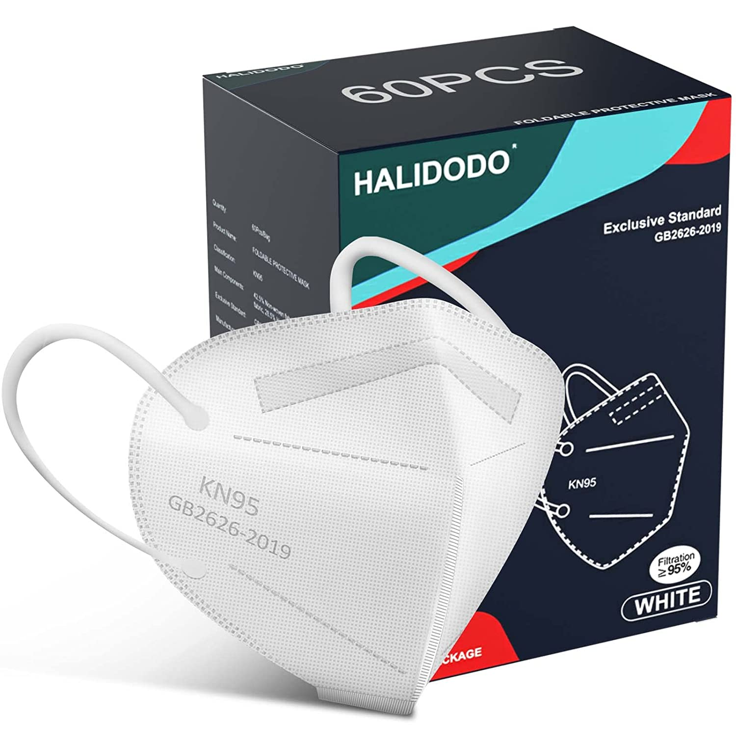 Halidodo 60 pack kn95 mask, 5-layer protection mask with comfortable filter, face mask (white)