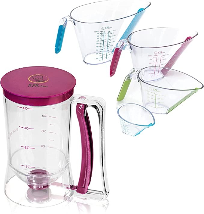 KPKitchen Pancake Batter Dispenser and 4-Piece Liquid Measuring Cups Set - Perfect for Pancakes, Cupcakes, Waffles, Crepe & More - Includes Mini Ounce, 1, 2 and 4 Plastic Cup Sizes