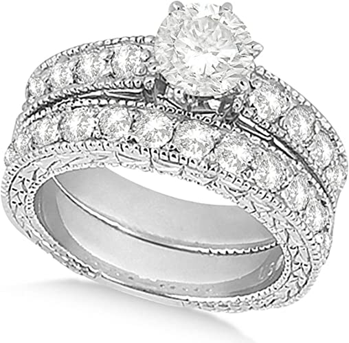 Women's Preset Vintage Design Heirloom Round Diamond Bridal Ring Set palladium (4.41ct)