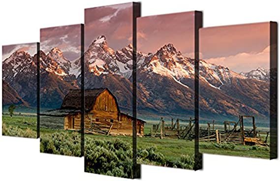Teton Painting Barn Pictures Art Work for Home Walls Grand Teton,Wyoming Canvas 5 Piece Artwork Modern Home Decor for Living Room Framed Gallery-Wrapped Ready to Hang Posters and Prints(60''Wx32''H)