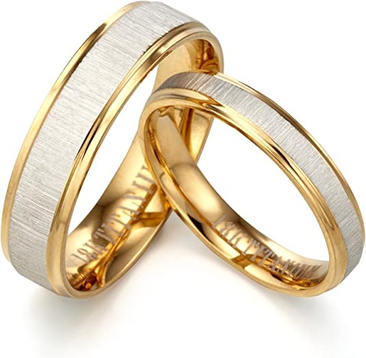 Gemini Liberty Engraving His and Hers Groom and Bride 18K Yellow Gold P Match Anniversary Wedding Couple Ring, Valentine's Day Gift US Size 4 to 16, Titanium Gold, No Gemstones