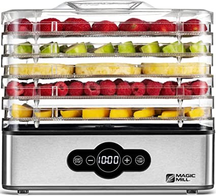 Magic Mill Food Dehydrator | 5 Stackable Stainless Steel Tray Dryer Dryer with Digital Adjustable Timer and Temperature Control - Electric Food Preserver with Powerful Drying Capacity for Fruits, Vege