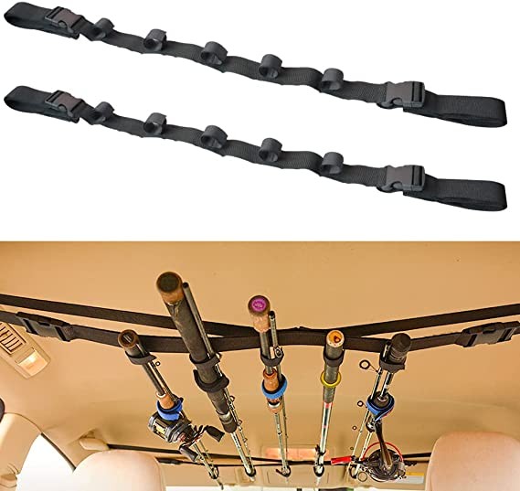 2 black nylon vehicles fishing rod support, can adjust the roof of the fishing mast, 32.6 - 61.8 inch can adjust the power of the fishing rod 5 rods, apply to SUV, cargo