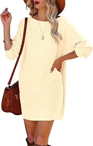 Hestenve women's knitting sweater with long sleeves and round neck, one ton daily pullover, free winter dress