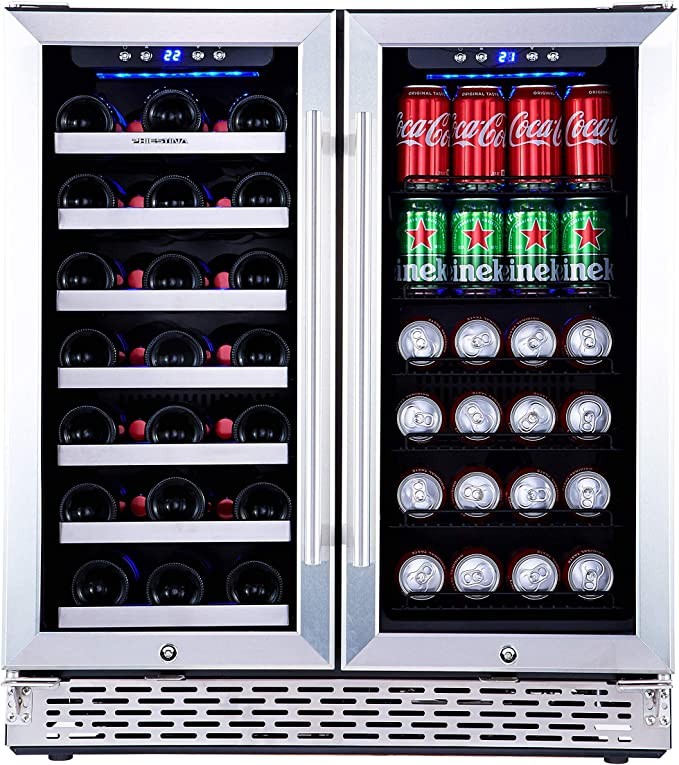 Phiestina Wine and Beverage Refrigerator | 30 Inch Built-In Dual Zone Wine Beer Cooler Refrigerator | Free Standing French Door Drink Fridge with Digital Memory Temperature Control