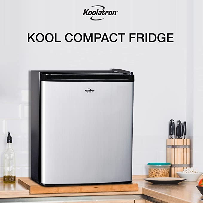 Koolatron stainless steel compact refrigerator with freezer 1.6 cubic feet (44 liters) of capacity, silver and black, suitable for snacks, frozen meals, beverages, juices, beer, study, dorms, offices,
