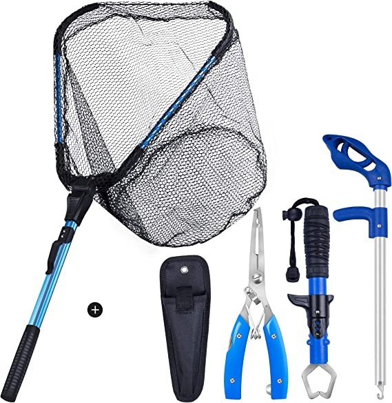 Bombrooster 4 Piece Kayak Fishing Tool Kit - Foldable Fishing Landing Net, Fish Grip, Pliers, Fisherman Hook Remover Set