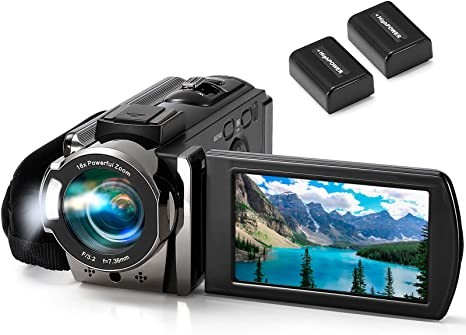 kimire Camcorder Digital Camera Video Recorder Full HD 1080P 15FPS 24MP 3.0 Inch 270 Degree Rotation LCD 16X Digital Zoom Video Camera with 2 Batteries (Black)