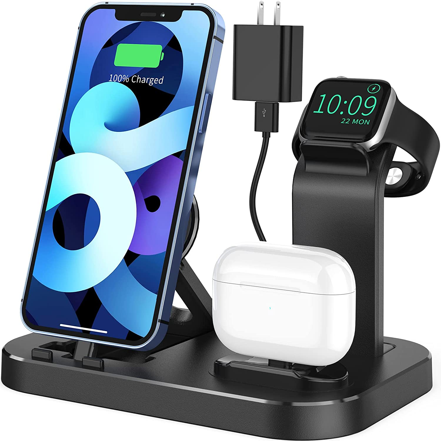 Charging station ZFW 3 in 1 for apple devices with 15w adapter compatible with iphone13/12/11 / x /8/7/6/5 series, apple watch series 7/ se /6/5/4/3/2/1, airpods 1/2/3/ pro, fast and safe charging doc