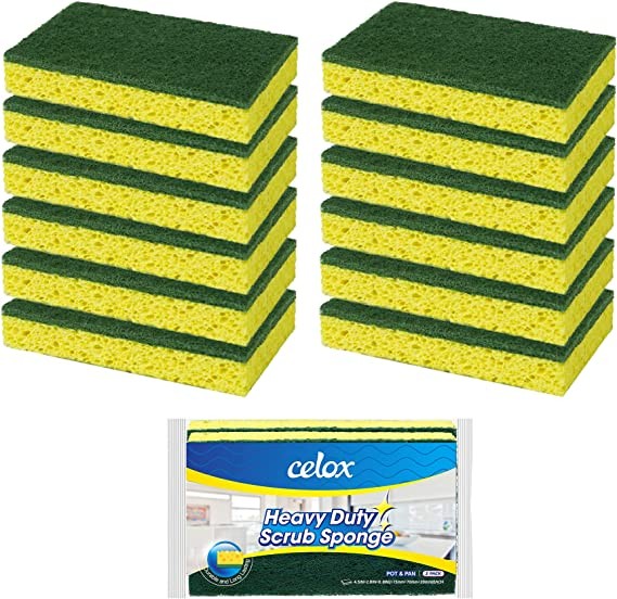 CELOX 12 Pack Dish Sponge for Kitchen, Dual Sided Scrub Sponge Heavy Duty, Non Scratch Sponges Perfect for Kitchen Dishwashing and Household Cleaning, Highly Absorbent and Easy to Dry for Reuse