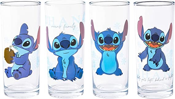 Silver Buffalo Disney Lilo and Stitch Blue Floral 4-Piece Glass Set, 10 oz