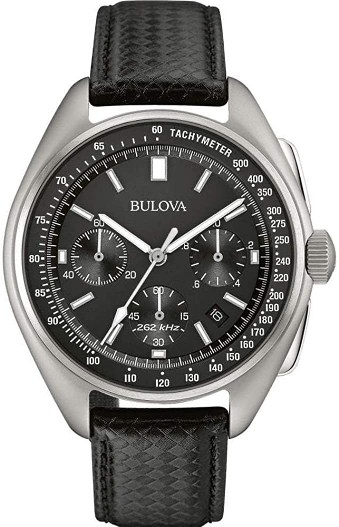 Bulova Archive Series Mens Watch, Stainless Steel with Black Leather Strap Lunar Pilot Chronograph , Silver-Tone (Model: 96B251)