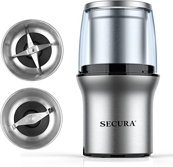 Secura Electric Coffee Grinder and Spice Grinder with 2 Stainless Steel Blades Removable Bowl