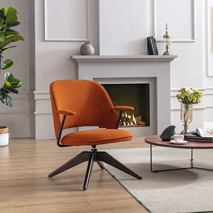 PSNL accent's mid-century chair, rotating lounge chair, waiting room, lined with comfortable fabrics and wooden legs, caramel orange