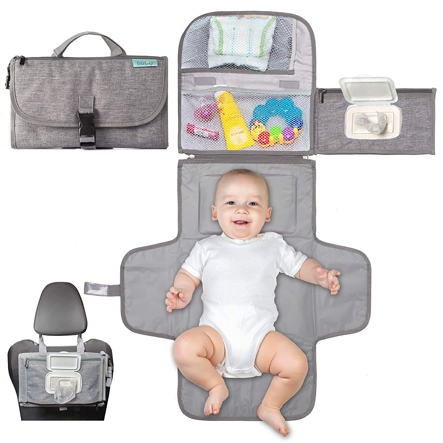 Portable Diaper Changing Pad, Newborn Girls & Boys Portable Diaper Changing Pad - Baby Changing pad with Smart Wipes Pocket - Waterproof Travel Changing Station Kit - Kopi Baby's Baby Gift