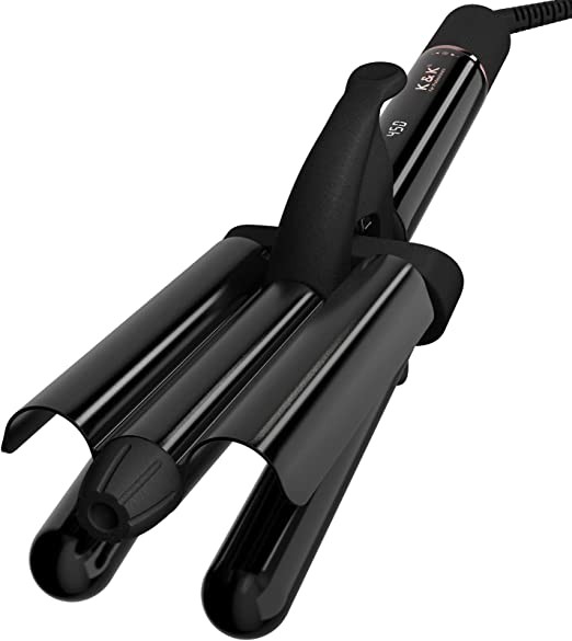3 Barrel Curling Iron Dual Voltage Curling Iron with LCD Temperature Display - 3/4" (22mm) Ceramic Tourmaline Triple Barrel Temperature Adjustable, Rapid Heat (Black)