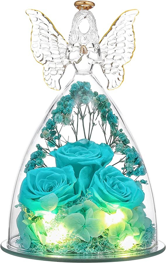 Three Roses Glass Angel Statue, Immortal Real Rose Gift for Women, Angel Guardian with Rose Flower Gift Valentine's Day Mother's Day Birthday Tiffany Blue