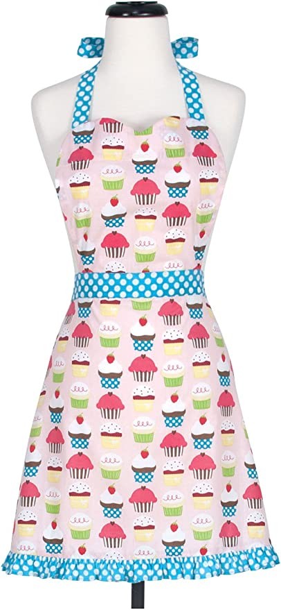 KAF Home Adult Hostess Extra Long Tie - Adjustable Bib Cupcake Apron - Machine Washable - For Kitchen, Gardening, Multicolor