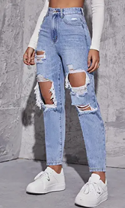 Women's jeans with high landing and torn floerns skinny jeans