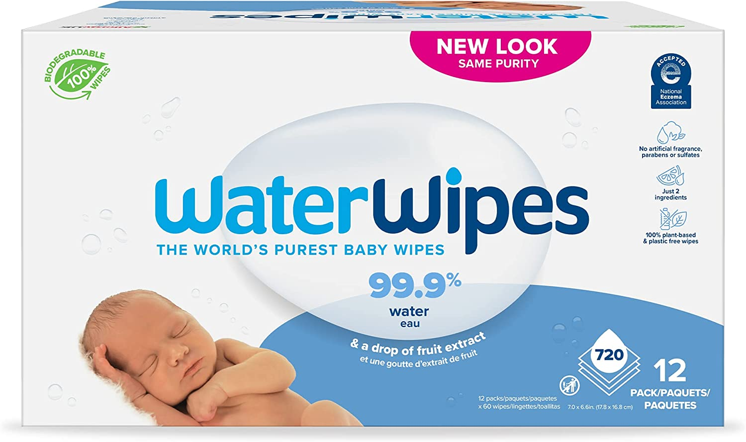 WaterWipes Biodegradable original baby wipes,99.9% water-based wipes, fragrity-free, hypoallergenic, for sensitive skin,60 pieces (pack of 12)- Packaging may vary