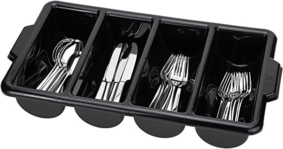 RW Clean 21.9 x 14.2 x 3.5 Inch Silverware Organizer, 1 Crack-Resistant Cutlery Tray - 4 Compartments, Built-In Handles, Black Plastic Utensils Drawer Holder, Wrap-Resistant, For Kitchen Organization