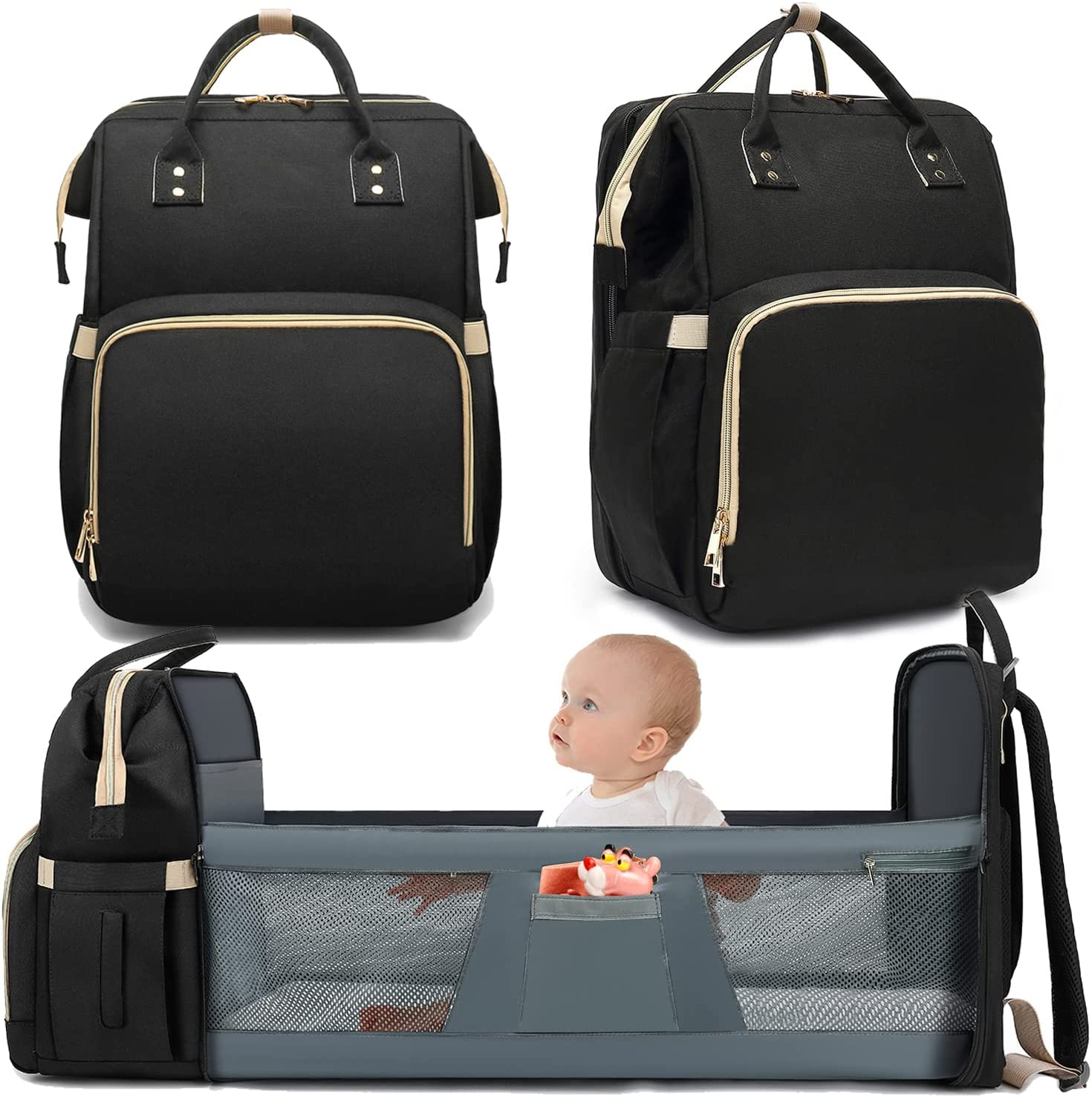 Diaper bag Backpack with diaper changing station, large baby bag, suitable for girls and boys mom and dad, black // white