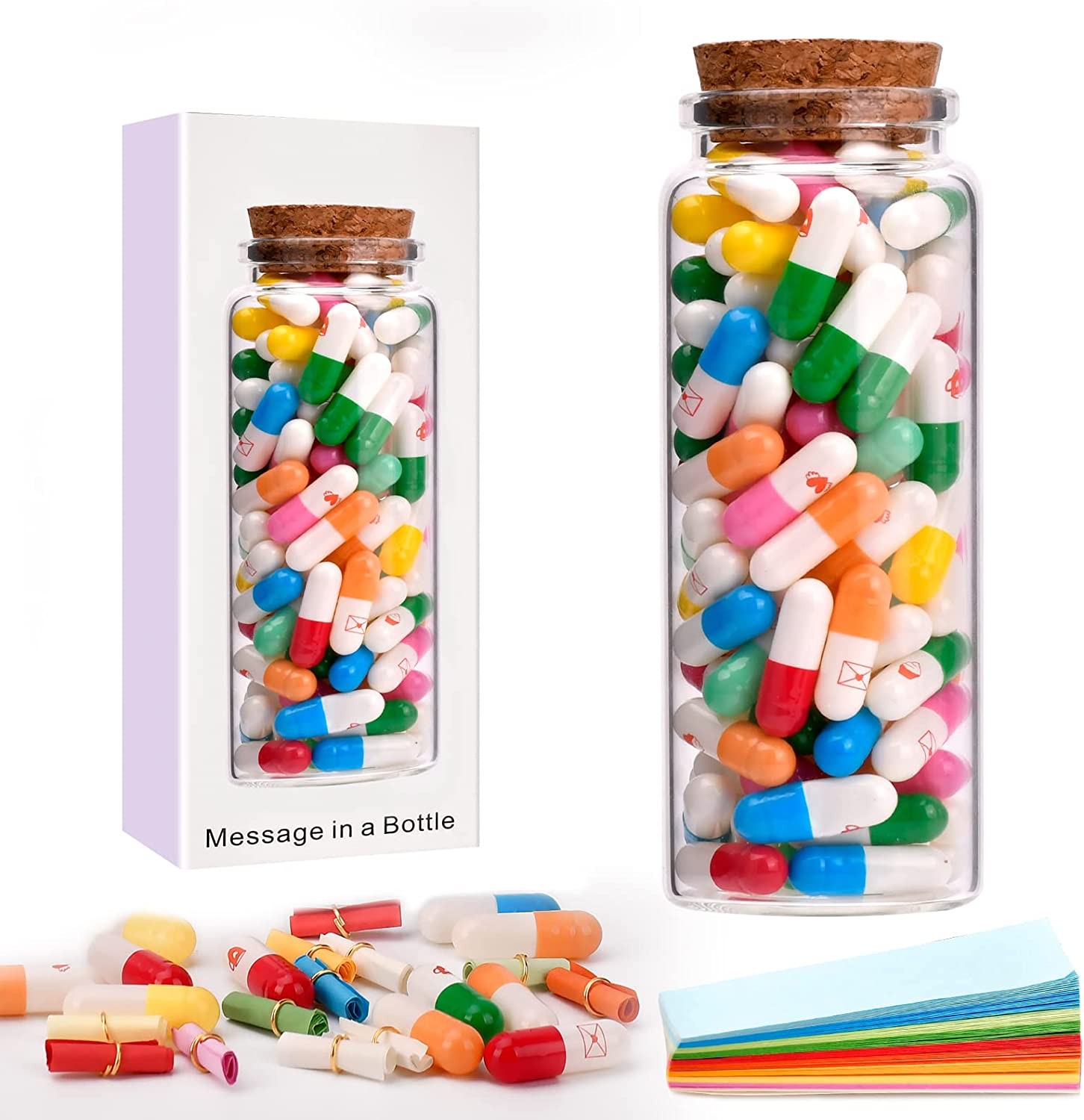 Valentine's Day Gift for Her His Girlfriend Boyfriend Capsule DIY Alphabet Message Bottle, 100 Pieces Smiley Face Love Friendship Alphabet Colorful Pills with Blank Paper, Birthday Christmas Gift for