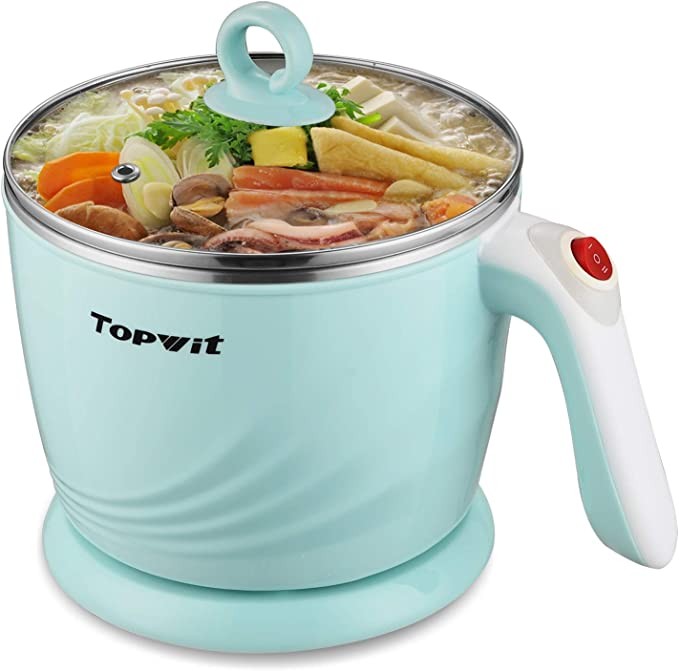 Topwit Electric Hot Pot Mini, Electric Cooker, Noodles Cooker, Electric Kettle with Multi-Function for Steam, Egg, Soup and Stew with Over-Heating & Boil Dry Protection, Dual Power, 1.2L, Green