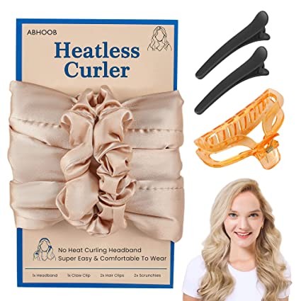No Heat Curl Hair Curl Night Curl Sleeper, No Heat Curl Headband, Satin and Cotton No Heat Curl Rod Headband, Long Hair with Claw Clips, Women's Hair Clip, Hair Warp Braided Champagne Color