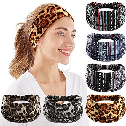 Women's wide headband, 6 pieces bohemian headband stretch wide headband, elastic exercise running sports sweatbelt fashion girl headband
