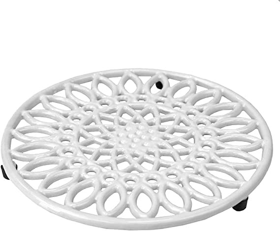 Home Basics Sunflower Collection, Heavy Duty Cast Iron Trivet, Elevated Base Kitchen Countertop & Dinning Room Table, White