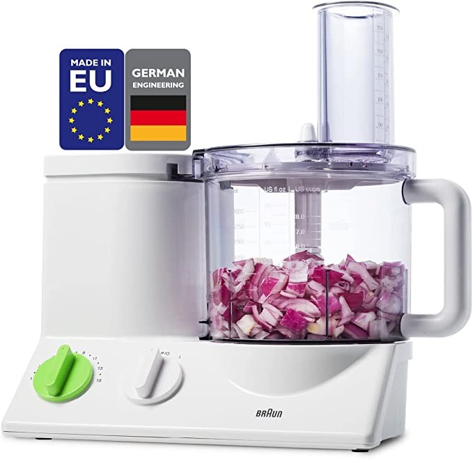 Braun FP3020 12 Cup Food Processor Ultra Quiet Powerful motor, includes 7 Attachment Blades + Chopper and Citrus Juicer , Made in Europe with German Engineering