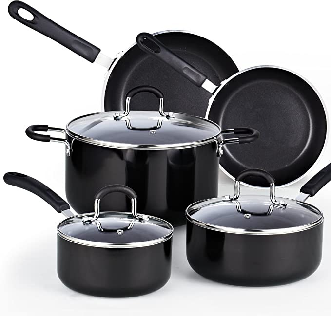 Cook N Home 8-Piece Nonstick Heavy Gauge Cookware Set, Black