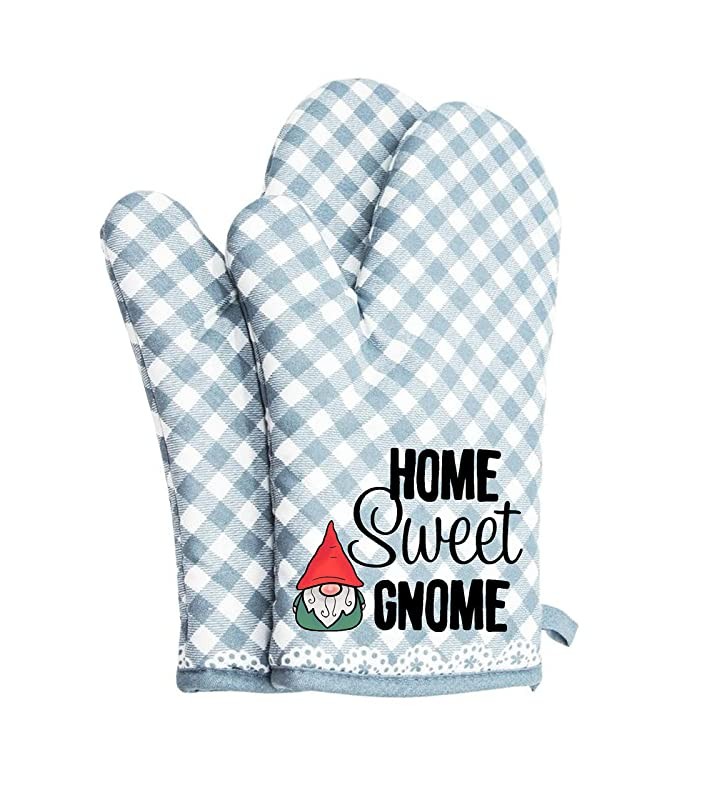 Oven mitts cute pair Home sweet Gnome funny kitchen Potholders BBQ Gloves cooking baking grilling non slip cotton BLUE