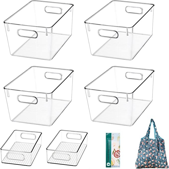 6 Pack Clear Space Plastic Storage Bins Fridge Organizer Kitchen Organization Pantry Storage Bins Freeze Organizers With Handles Cabinet Organizers For Kitchen,Fridge,Cabinet,Pantry,Bedrooms,Bathrooms