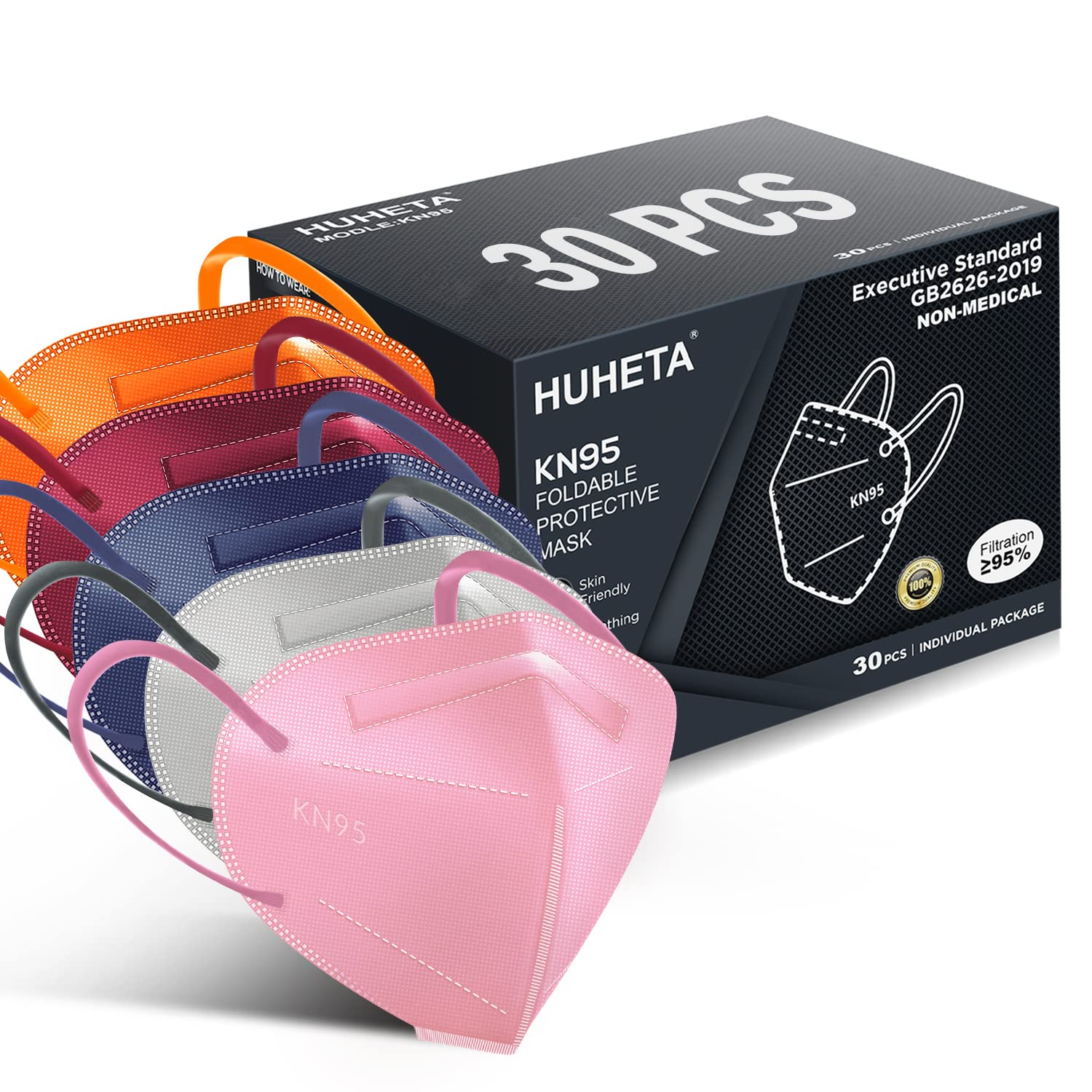 Huheta kn95 mask, 30 pieces in individual packaging, 5-layer breathing comfortable protection mask, filtration efficiency more than 95%, dust protection mask, pm2.5 protection (multicolor mask)