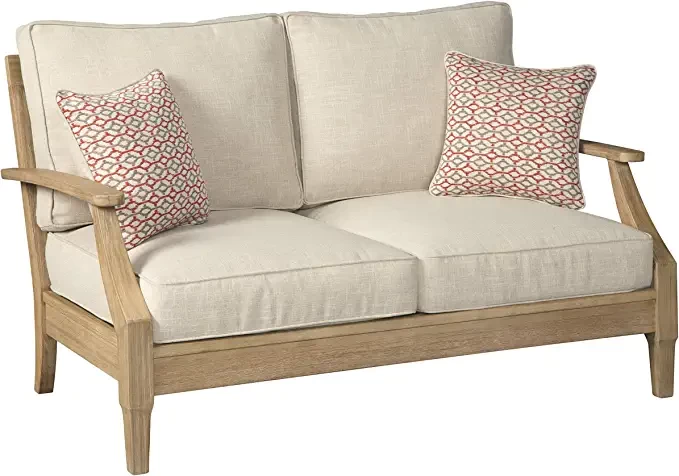 ASHLEY Claire view coastal outdoor terrace eucalyptus loveseat with beige cushions