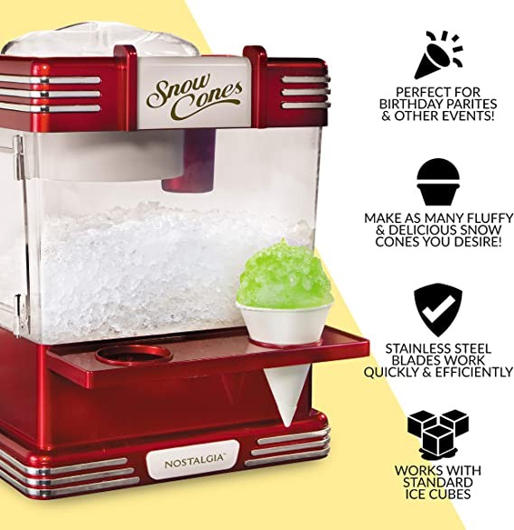 Nostalgia Retro Tabletop Snow Cone Maker, Makes 20 Iced Treats, Ice Shaker Includes 2 Reusable Plastic Cups and Ice Scoop, Vintage Red
