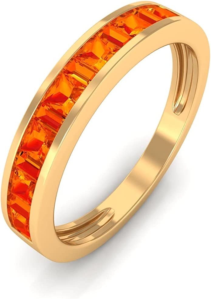 0.75 CT Orange Sapphire Band Ring, Baguette and Princess Cut Orange Sapphire Half Eternity Ring, Sapphire Gold Semi Eternity Ring,14K Solid Gold