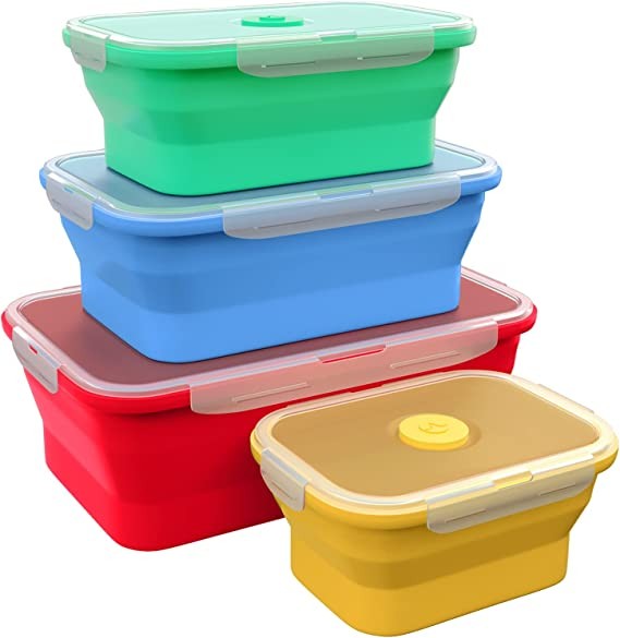 Vremi Silicone Food Storage Containers with BPA Free Airtight Plastic Lids - Set of 4 Small and Large Collapsible Meal Prep Containers for Kitchen Lunch Boxes - Microwave and Freezer