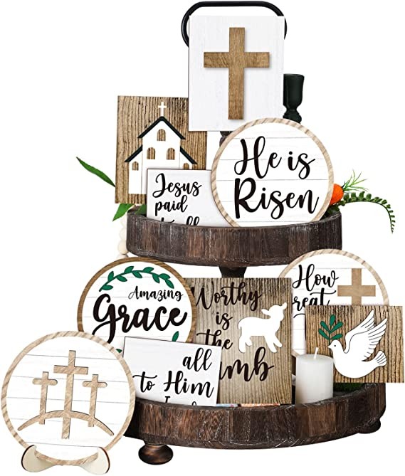 10 Pcs Easter Tiered Tray Decor Set Easter Table Wooden Sign Decorations He is Risen Tiered Tray Decor Cross Crucifix Tabletop Decor Rustic Tiered Tray Decor for Farmhouse Kitchen Home Party Decor