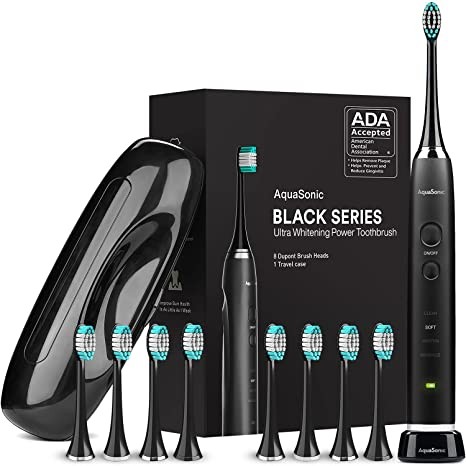 Aquasonic Black Series Ultra Whitening Toothbrush - ADA Approved Electric Toothbrush - 8 Brush Heads and Travel Case - 40,000 VPM Electric Motor and Wireless Charging - 4 Modes with Smart Timer