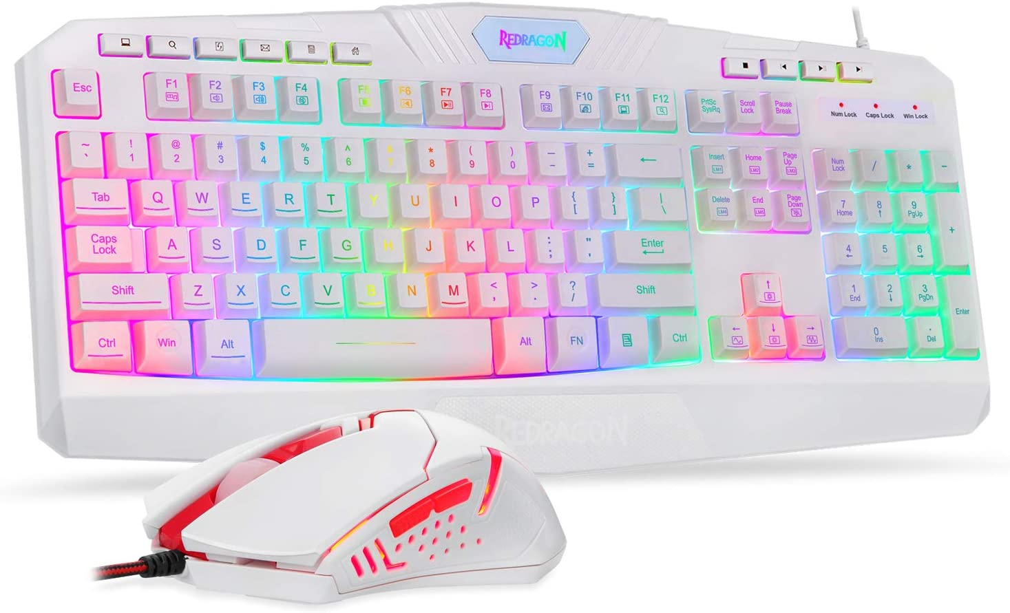 Redragon S101 Wired Gaming Keyboard and Mouse Combination RGB Backlit Gaming Keyboard with Multimedia key wrist rest and Red Backlit Gaming Mouse 3200 DPI for Windows PC gamers (white)
