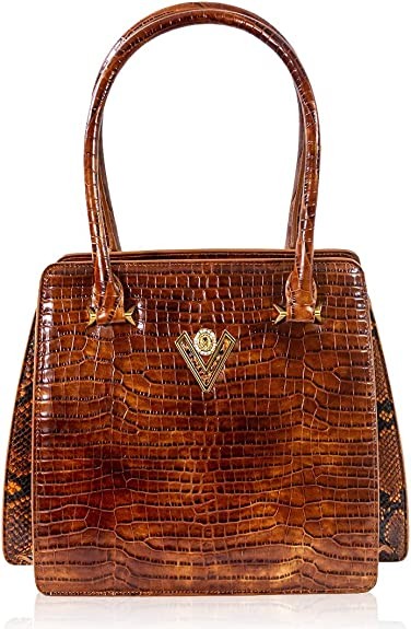 Valentino Orlandi Women's Medium Handbag Italian Designer Purse Top Handle Bag Cinnamon Genuine Croc Embossed Leather Tote Frame Bag in Accordion Design