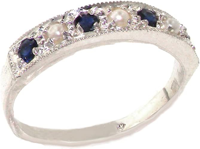 LetsBuyGold 18k White Gold Cultured Pearl and Sapphire Womens Band Ring - Sizes 4 to 12 Available