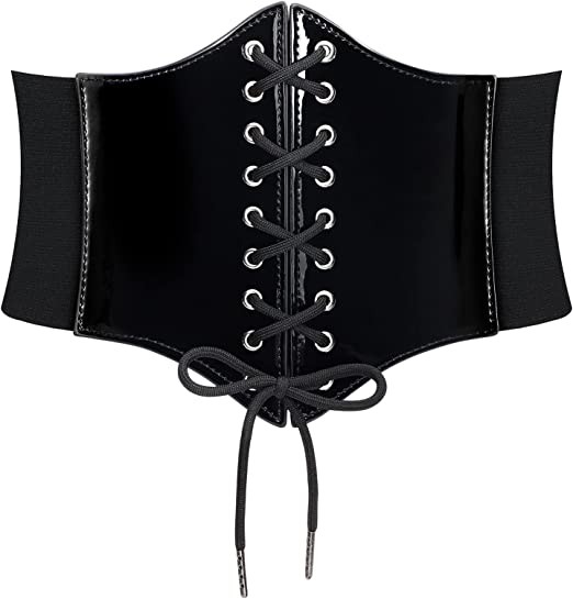 JASGOOD Women Corset Belt Patent Leather Tied Waspie Belt Vintage Lace-up Cinch Elastic Waist Belt Cosplay Halloween