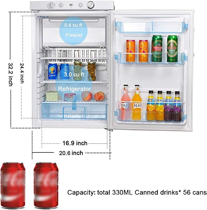 SMETA Propane Refrigerator with Freezer 3 Way Camping Refrigerator Outdoor Refrigerator For Terrace 12V/110V/Gas LPG, Noiseless, RV Garage Refrigerator, Single Door, 3.5 Cub Ft, White