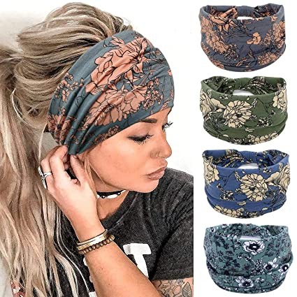 YONUF Women's Wide Bohemian Headband Fashion Knot Headband Yoga Workout African Headband 4-Piece