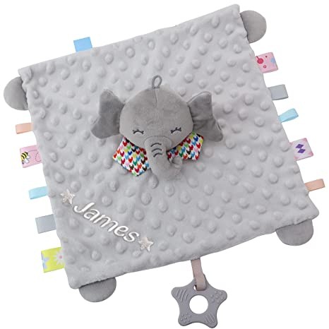 Baby Keepsake Rattle Personalized Security Blanket with Custom Embroidered Name for Newborn Boys and Girls, Super Soft Plush Stuffed Elephant Baby Throw with Rattle